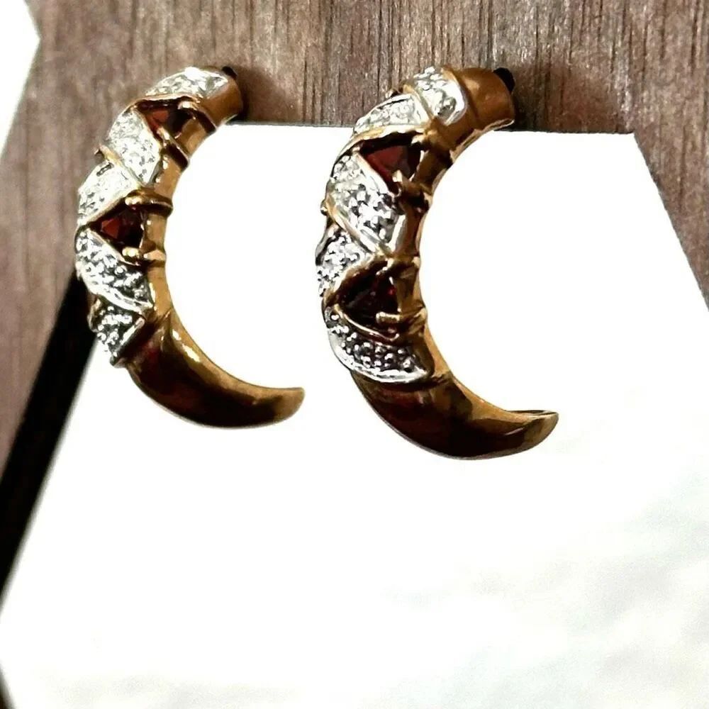 Gold tone rhinestone red half hoop earrings